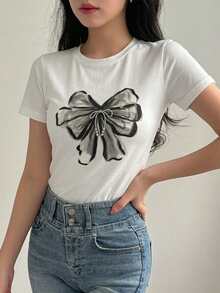DAZY 女士夏季圆领短袖修身蝴蝶结印花休闲T恤 - 白色 - 查看 3