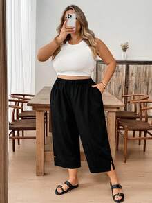 SHEIN CURVE+ 大码女士休闲百搭黑色裤子 - 黑色 - 查看 7