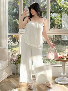 SHEIN EZwear Comfortable Linen Solid Color Ruffle Strap Top And Wide Leg Pants 2-Piece Set, Casual Vacation Style, Plus Size Formal White Summer - White - View 5