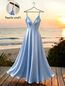 SHEIN Franclia Đầm maxi dáng dài, thanh lịch, cổ điển, thích hợp cho hoạt động ngoài trời mùa hè, mặc hàng ngày, đi nghỉ mát, đi làm, hẹn hò, dự tiệc, đi biển. Thiết kế điểm nhấn là ngọc trai, cổ chữ V, không tay, dài đến mắt cá chân. - Màu xanh lam - Xem 8
