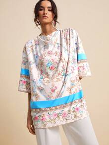 LOTSLUV 女士粉色巴洛克印花圆领宽松休闲短袖T恤，春夏款 - 粉色 - 查看 4