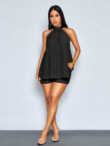 SOLERSUN Conjunto de duas peças feminino, sexy e elegante, para praia e resort, composto por um top halter verde menta com barra irregular e shorts combinando. Perfeito para encontros e festas. Moda feminina primavera/verão, estilo clássico. - Preto - Ver 5