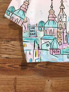 Manfinity Joysei Men's Casual Daily Wear Architecture Print Button-Front Short Sleeve Shirt, Summer - Baby Pink - View 3