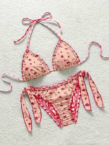 SHEIN WYWH Bộ bikini đi biển dành cho nữ, kiểu dáng retro, nhiều màu sắc, họa tiết da báo, ngựa vằn, hoa lá, cổ yếm xếp nếp và tua rua. - Đỏ - Xem 7