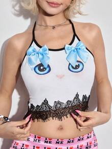 ROMWE Kawaii Y2K Japanese Aesthetic Cute Kitty Bow Shy Cat Graphic Women Tank Top - Multicolor - View 3