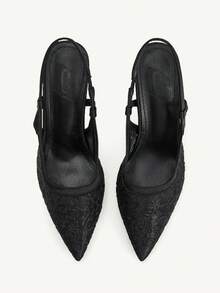 CUCCOO CHICEST 女士秋季新款网面尖头低帮细跟高跟优雅时尚刺绣线粗跟鞋 - 黑色 - 查看 10