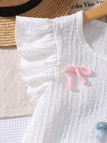 SHEIN 2pcs/Set Girls Cute Summer Blue And White Tropical Vacation Holiday Casual T-Shirt,Flare Sleeve Textured Yarn Bow Top And Wide Leg Pants Set - Blue - View 3