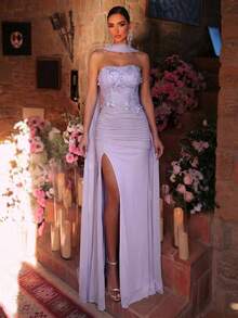 Aureia Elegant Luxurious Beaded Sequin 3D Floral Lace Patchwork Stretchy Korean Net Ruched Fishtail Dress For Weddings,Parties,Galas&Formal Occasions - Violet Purple - View 8