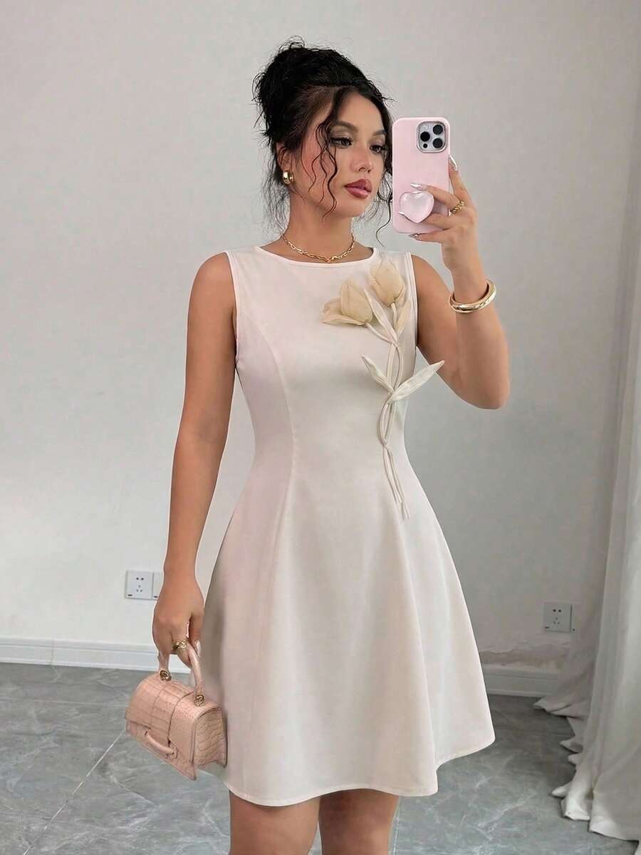 Modelyn Women's Elegant Sophisticated Socialite Gentle Floral Sleeveless Waist Cinched A-Line Dress