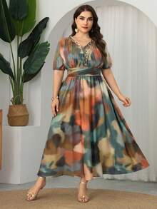 Hourglow Plus Size V-Neck Long Tie Dye Print Elegant Romantic Waist-Cinched A-Line Dress, For Body Shape, For Summer - Multicolor - View 3