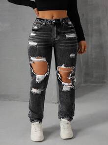 Rivivi Plus Size Ripped Slant Pocket Skinny Casual Jeans - Grey - View 5