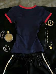 SHEIN 女士红蓝撞色字母数字印花短袖T恤 - 彩色 - 查看 2