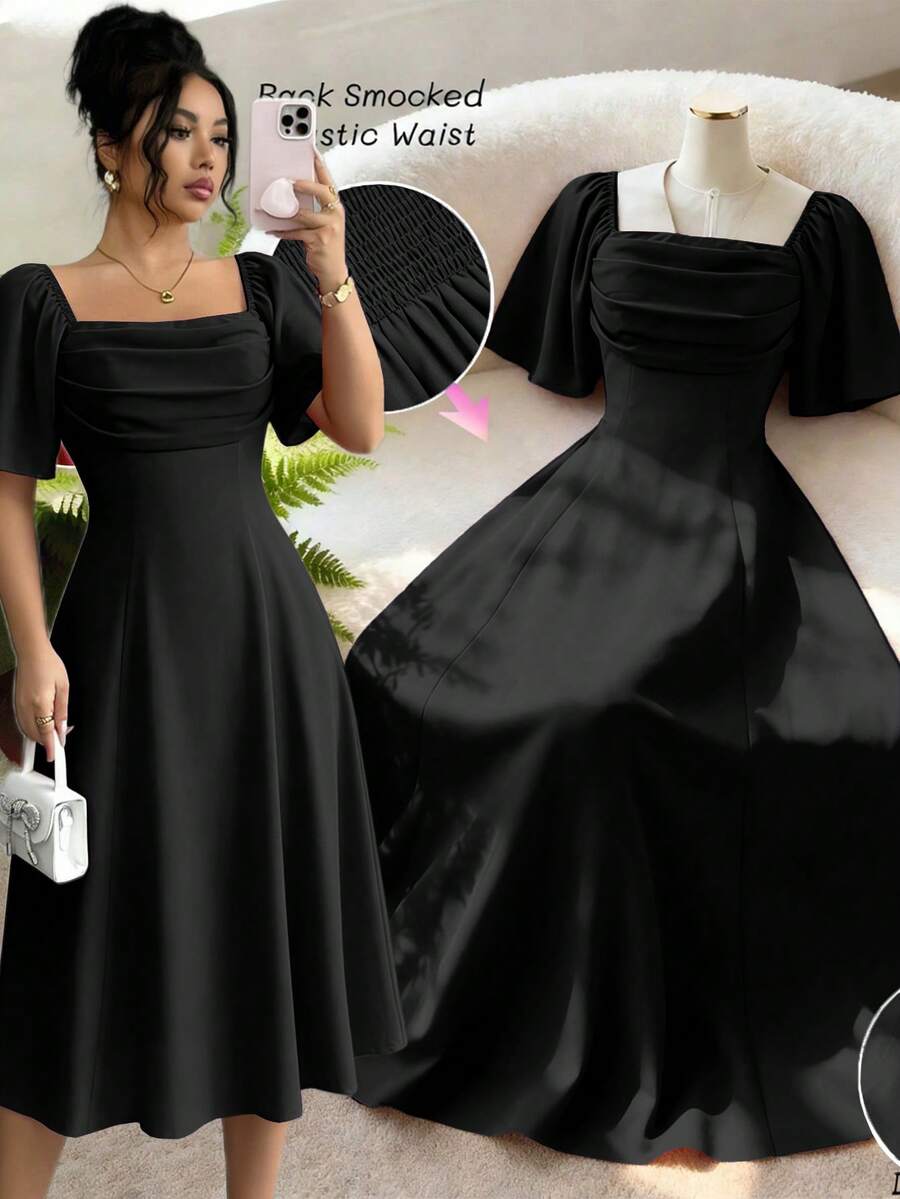Elenzga Gaun Elegan Baru untuk Wanita dengan Leher Persegi, Lipatan Depan, Bagian Belakang Chiffon, dan Pinggang yang Dikencangkan. - Hitam - View 1