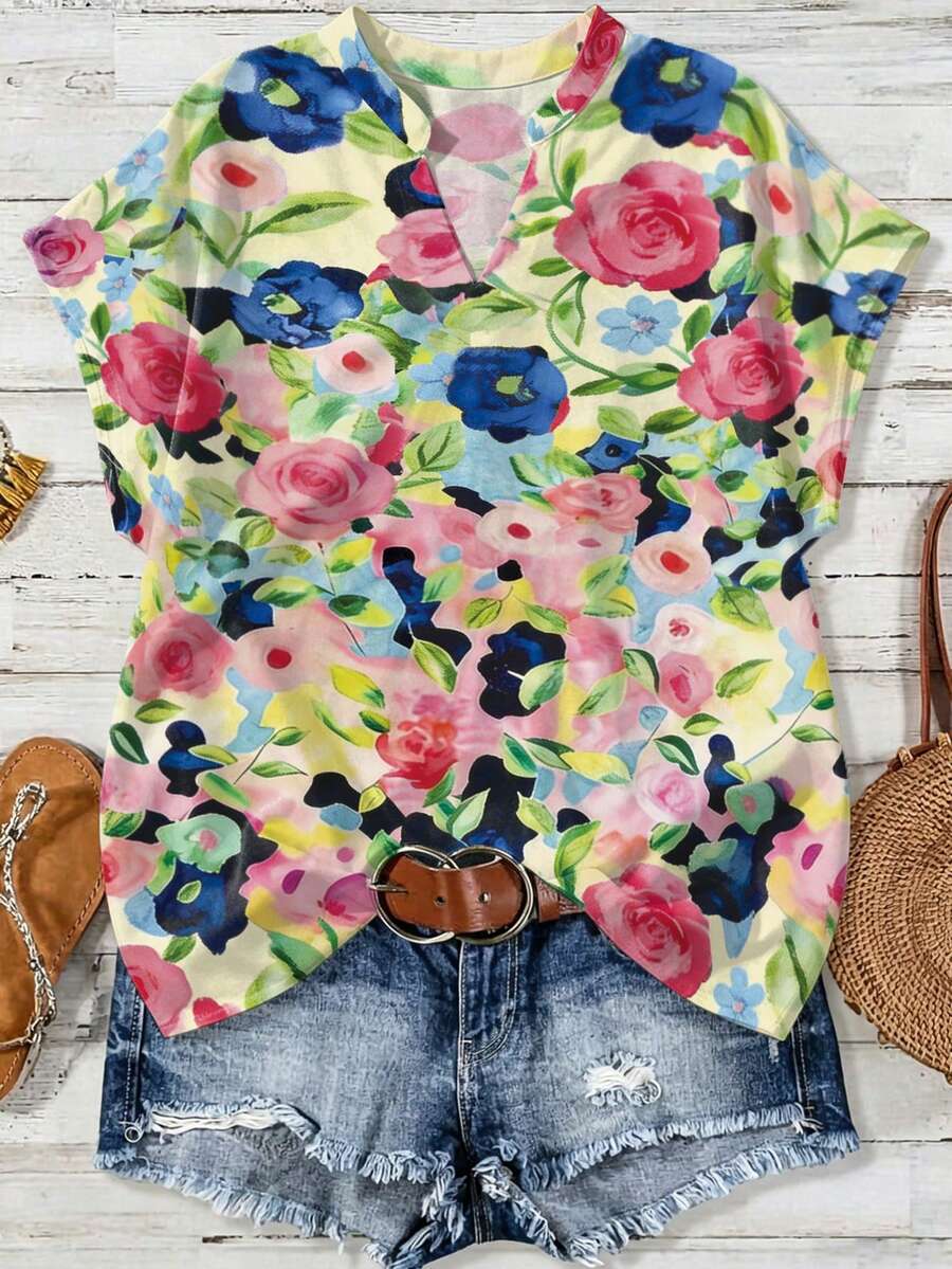 EMERY ROSE Áo sơ mi tay ngắn cổ chữ V tối giản in họa tiết hoa, cỡ lớn. - Nhiều màu - Xem 1