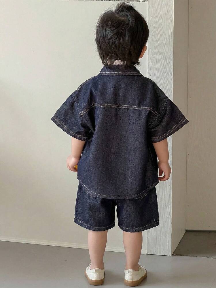 Toddler Boys' Washed Turndown Collar Casual Shirt And Loose Fit Denim Pants Set
