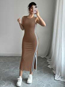 Selianne Round Neck Black & White Ribbon Dress With Side Slit For Women - Brown - View 4
