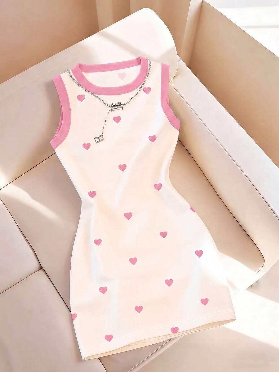 Women's Spring/Summer New Arrival Heart Print Round Neck Fitted Camisole Dress - Multicolor - View 1