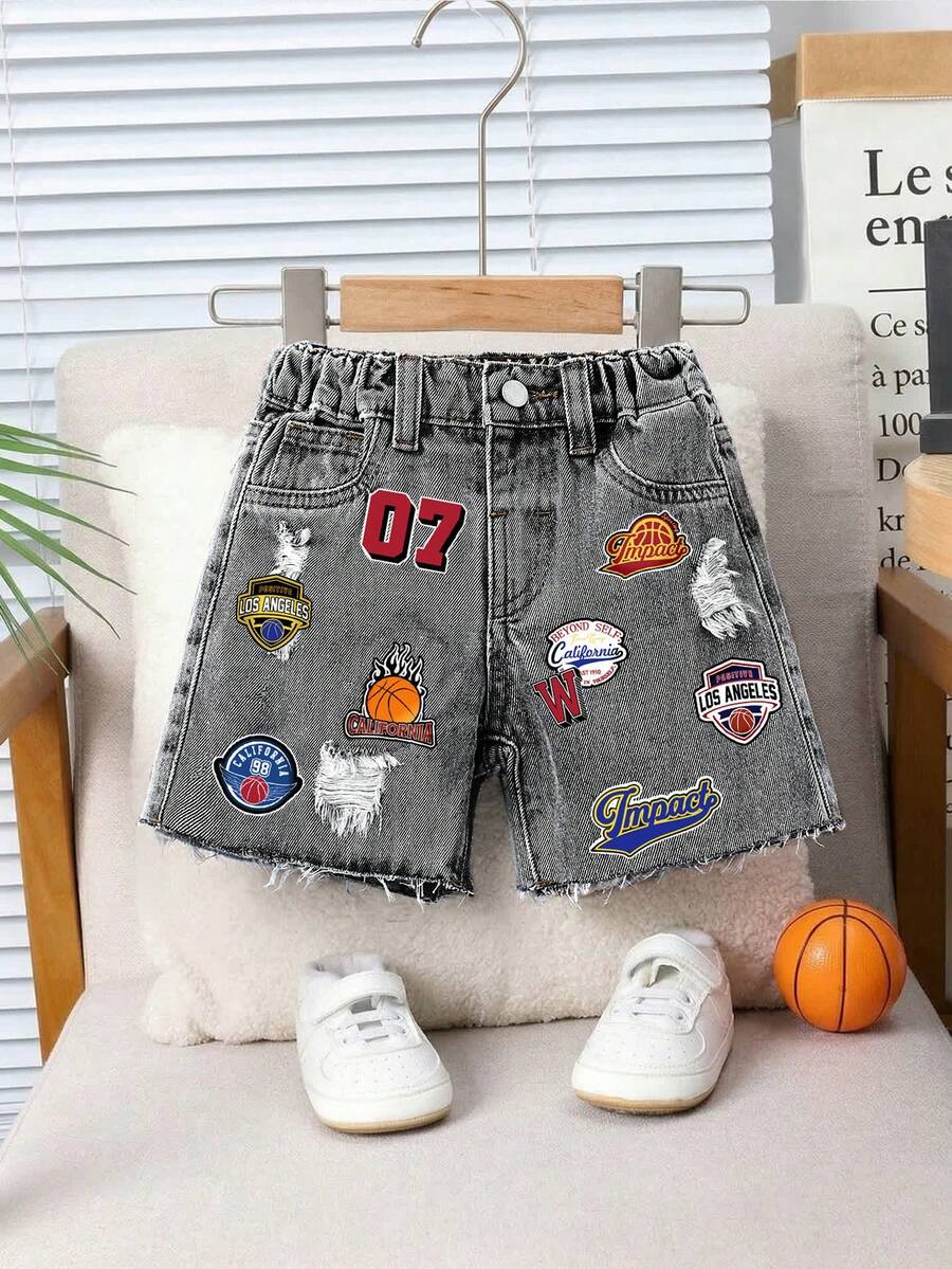SHEIN Baby Boy Distressed Graphic Print Casual Denim Shorts - Grey - View 1