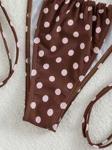 Swim Mod 女士春夏沙滩音乐节波浪圆点印花荷叶边打结V领四角裤比基尼三件套 - 彩色 - 查看 6