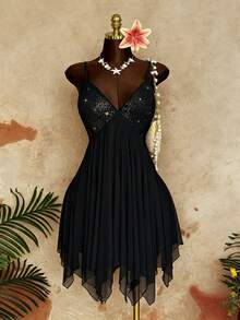 Sunspun Vestido con escote pronunciado y espalda descubierta, de talla grande y estilo de moda - Negro - Ver 3