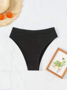 SHEIN Swim Bottom de bikini acanalada lisa para playa de verano - Negro - Ver 3