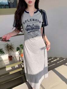 DAZY 女士Y2K休闲时尚街头日常通勤字母印花撞色条纹侧边收腰短袖连衣裙 - 灰色 - 查看 4