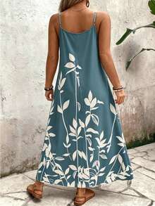 EMERY ROSE Plus Size Women's Deep V-Neck Spaghetti Strap Maxi Dress,Light Teal Botanical Print,Loose Fit,Boho,Summer,Beach,Holiday Vacation Daily Wear - Teal Blue - View 2