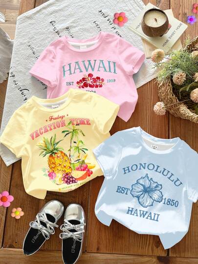 SHEIN 3pcs/Set Baby Girl Casual Minimalist Round Neck Short Sleeve T-Shirts, Featuring Cute Macaron Colors, Tropical Floral, Pineapple, Palm Tree Vacation Beach Themed Prints, Suitable For Spring/Summer In Light Pink, Light Blue, Cream Yellow