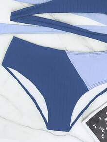 SHEIN Swim Bộ bikini xoắn màu bãi biển mùa hè - Màu xanh lam - Xem 5