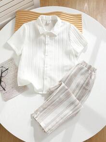SHEIN 男童两件套：纯色 Polo 领开衫短袖上衣和修身长裤 - 杏色 - 查看 5