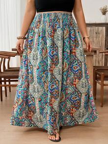 SHEIN CURVE+ Chân váy cỡ lớn in họa tiết toàn thân, cạp chun, thích hợp cho các dịp lễ hội, đám cưới, đi học. - Nhiều màu - Xem 9