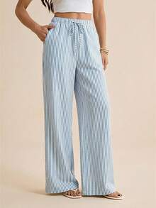 SHEIN Tall Knotted Striped Print Casual Straight Leg Pants For Summer - Blue - View 5