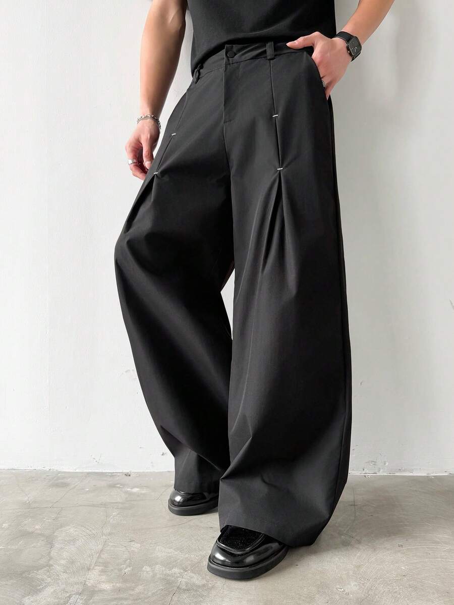 Manfinity Hypemode Men's Versatile Casual Pleated Zip-Up Loose Pants, Daily Wear - Black - View 1