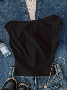 Lily Flower Pattern Beach Vacation Style, Tween Girls Casual Streetwear Minimalist Asymmetric Ruched Cropped Camisole, Spring And Summer Black - Multicolor - View 2