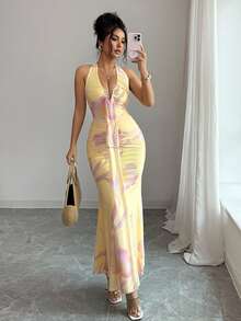 Rafferiza Vestido elegante, vestido sexy, vestido largo, vestido halter, vestido floral, vestido de playa, vestido de verano, vestido sin mangas - Multicolor - Ver 3