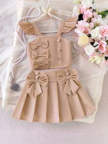 Elladie kids Bộ đồ bé gái (cỡ nhỏ) gồm áo croptop không tay viền hoa màu kaki và chân váy xếp ly thắt nơ, trang phục mùa hè ngọt ngào và dễ thương dành cho các bé gái thanh lịch. - Màu Khaki - Xem 3