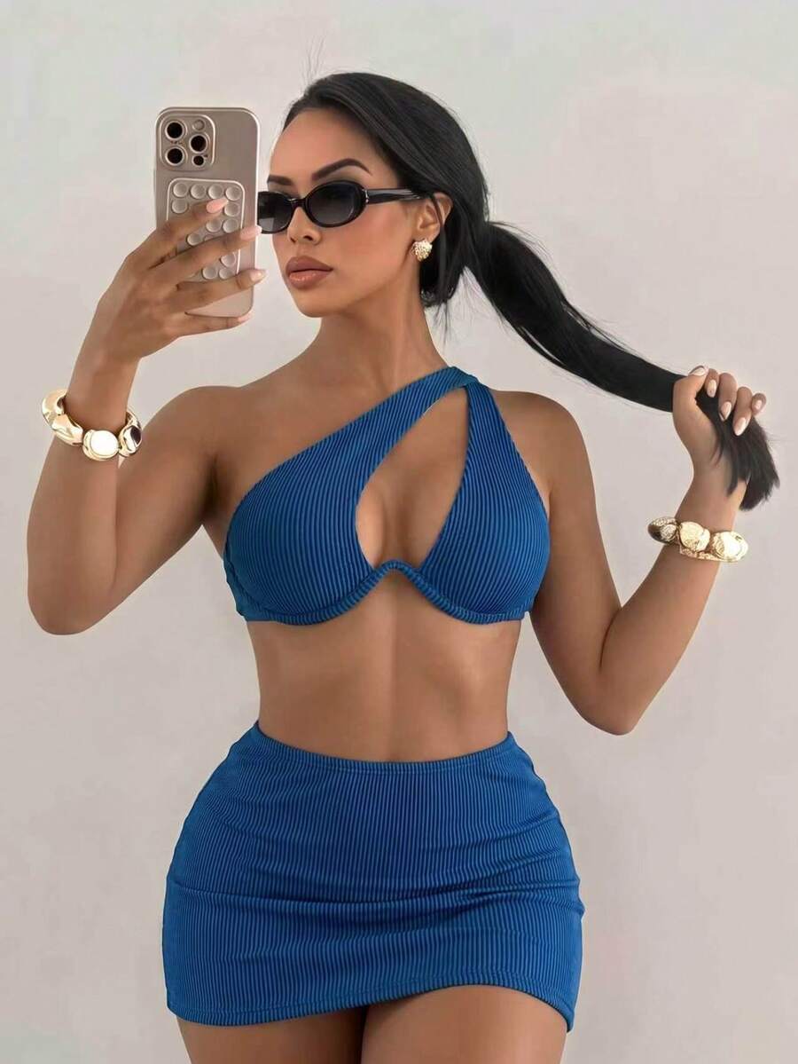 SHEIN Swim 羅紋比基尼套裝鏤空鋼圈文胸和高衩下裝和沙灘裙3入組泳衣 - 寶藍色 - 查看 1