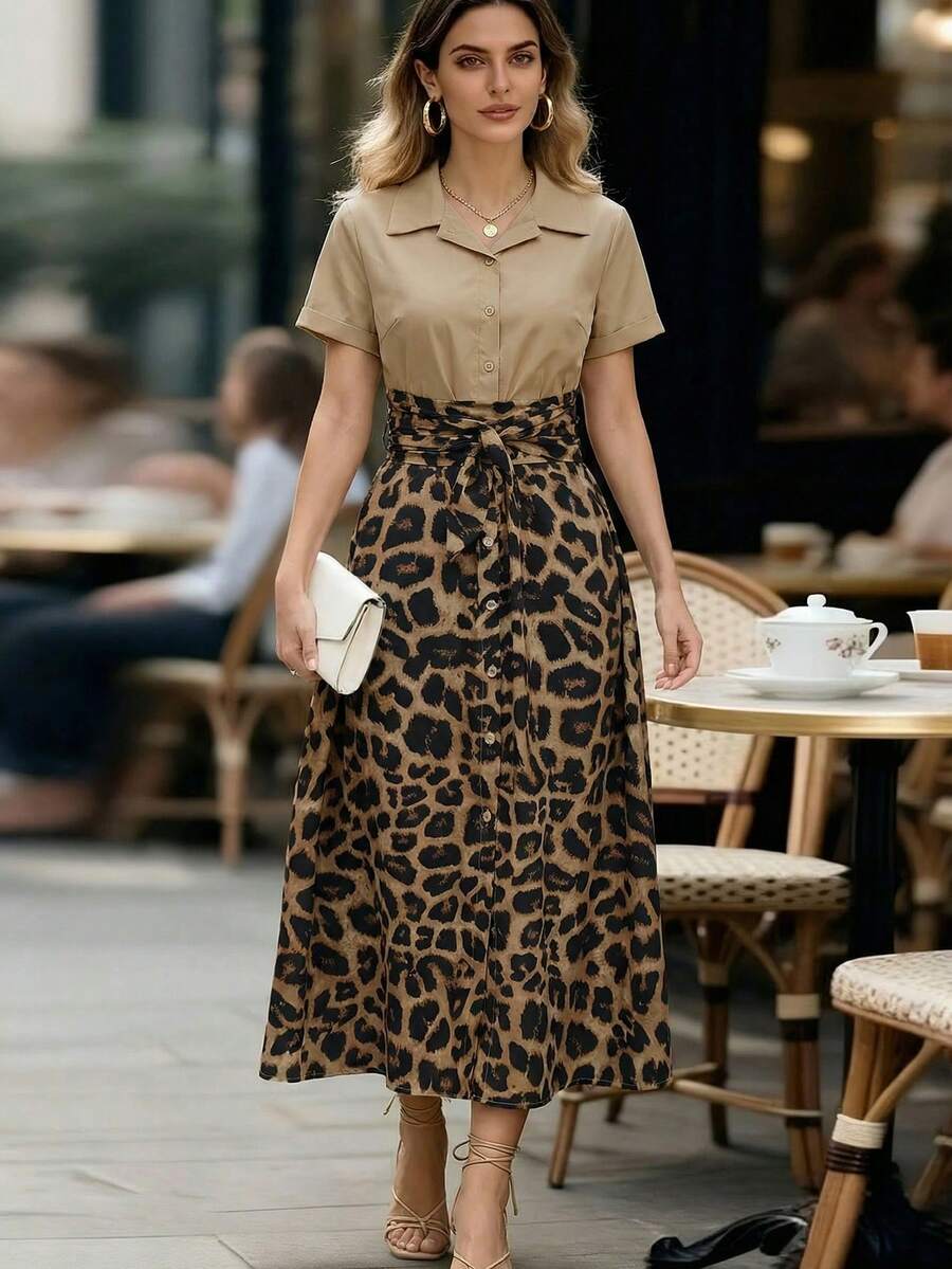 Editum Damklänning med leopardmönster och lapptäcke, enkelknäppt, långärmad och knytband framtill - Multifärgad - Visa 1