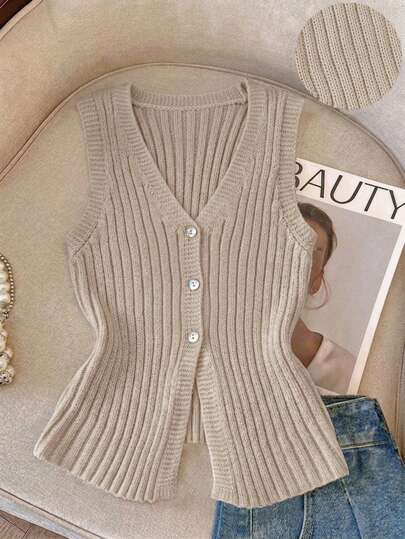 Resyla Women's All-Match Minimalist Fashion Versatile Light Yellow V-Neck Elegant Lady Commuting Slim Fit Vest Button Cardigan Sleeveless Cardigan Knitted Top