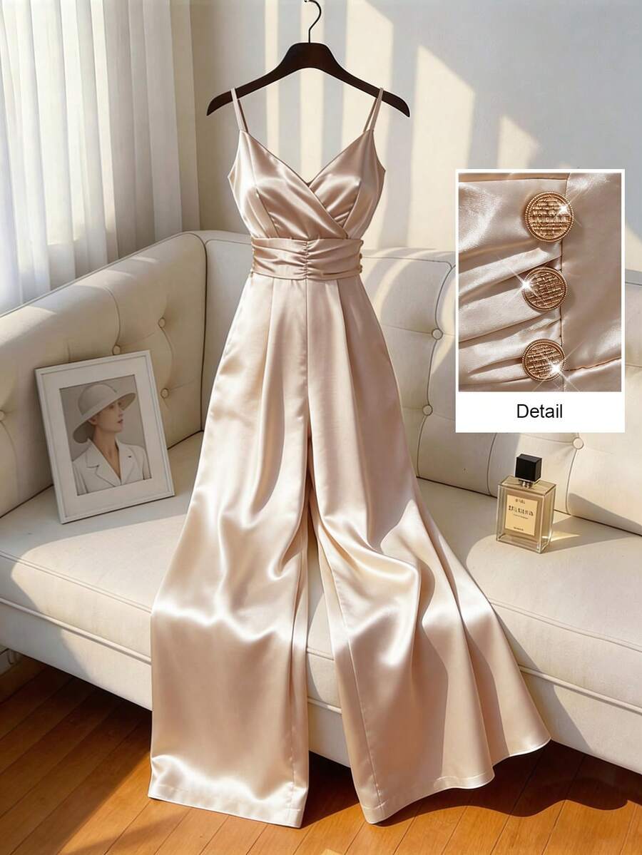 Modelyn Sexy V-Neck Shiny Spaghetti Strap Ruched Backless Elegant Jumpsuit For Women Satin Jumpsuit For Women Luxury Jumpsuits For Women Elegant Satin Jumpsuit Special Occasion Jumpsuit Satin Wide Leg Jumpsuit