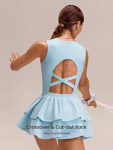 GLOWMODE Game On Buttery-Soft Quick-Dry Cups Removable Shorts Built-In Pockets Side Pockets Squareneck Cutout Back Tiered Tennis Dress Golf Pickleball Gym - Aqua Biru - View 3