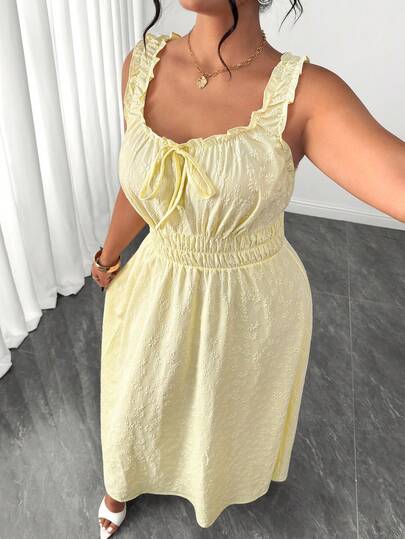 Elenzga Đầm nữ cỡ lớn kiểu dáng lãng mạn, cổ vuông, chất liệu jacquard, eo thắt, màu vàng nhạt, viền bèo nhún.