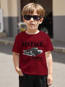 Vintage Racing Car Cartoon Print Casual Crew Neck Short Sleeve Top For Baby Boy, Suitable For Summer - Burgundy - View 3