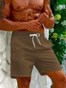 CoralVoy Men's Summer Vacation Solid Color Drawstring Waist Oblique Pocket Beach Shorts - Mocha Brown - View 5