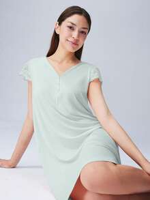 LUVLETTE Super Soft Green TENCEL™ Modal Lace Insert Short Sleeve Nightdress Airy Women Pajamas Dress Slip Dress,& Pyjamadressing,Spring And Summer - Green - View 8