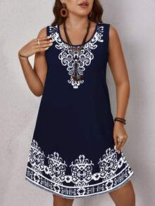 EMERY ROSE Plus Size Women Floral Print Casual Minimalist Sleeveless Round Neck Dress, Suitable For Summer Vacation Spring - Multicolor - View 6