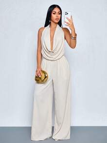 SOLERSUN 女士优雅度假风米色露背高领阔腿连体裤，带口袋，适合办公室和商务场合 - 杏色 - 查看 5