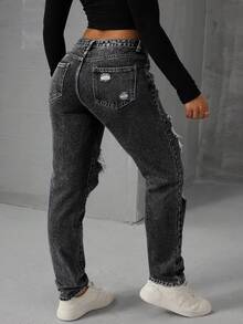 Rivivi Plus Size Ripped Slant Pocket Skinny Casual Jeans - Grey - View 2