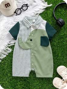 SHEIN Unisex Newborn Baby Boy/Girl Contrast Color Block Blue Striped Cute Elephant Print Short Sleeve Romper, Spring/Summer Baby Clothes - Mint Green - View 4