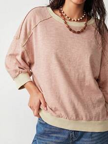 Bohemela 休閒針織拼色拼接圓領水洗寬鬆女款 3/4 袖 T-Shirt 春夏嘉年華女裝服裝 - 粉色 - 查看 6